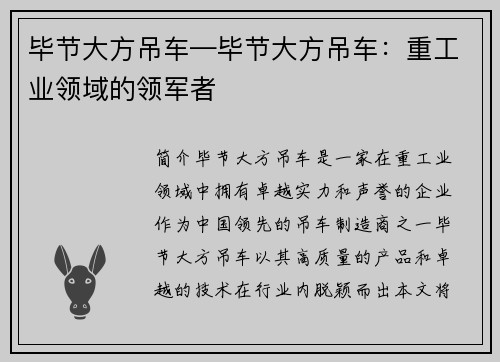 毕节大方吊车—毕节大方吊车：重工业领域的领军者